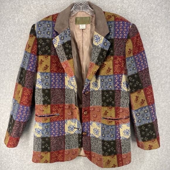Vintage 90s J.L. Colebrook Wool Blend Patchwork Plaid Blazer Jacket Lined Sz M - Picture 3 of 10
